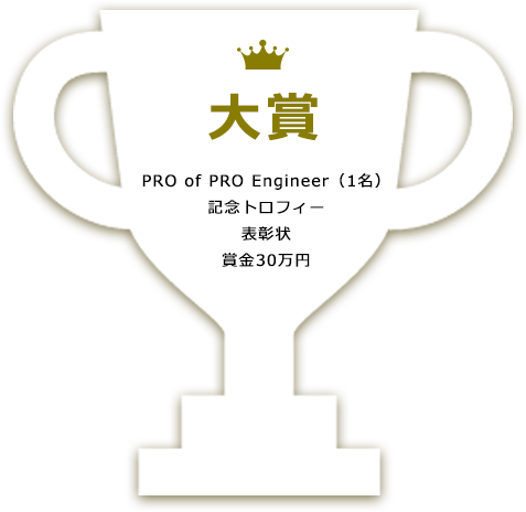 大賞　PRO of PRO Engineer(1名) 記念トロフィー、表彰状、賞金30万円授与