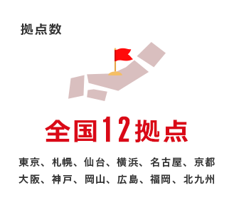 拠点数：全国12拠点　東京、横浜、札幌、仙台、名古屋、京都、大阪、岡山、広島、福岡